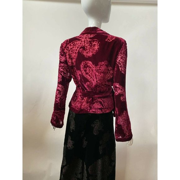 Ice Womens Velvet Wrap Jacket Red Paisley Long Sleeve Tie Collared M - Picture 10 of 12